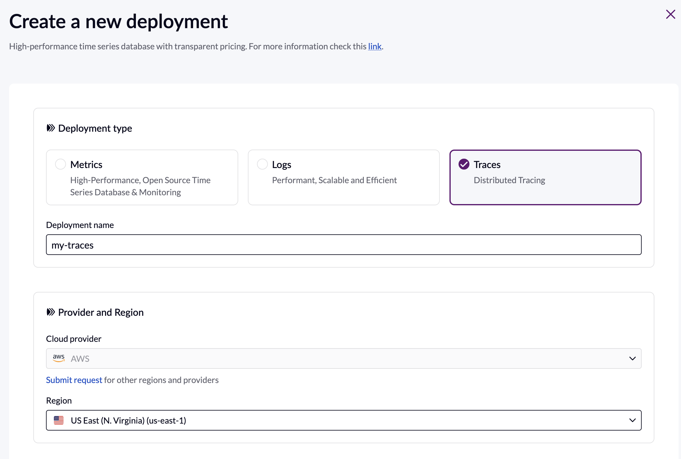 Screenshot of Create Deployment Page
