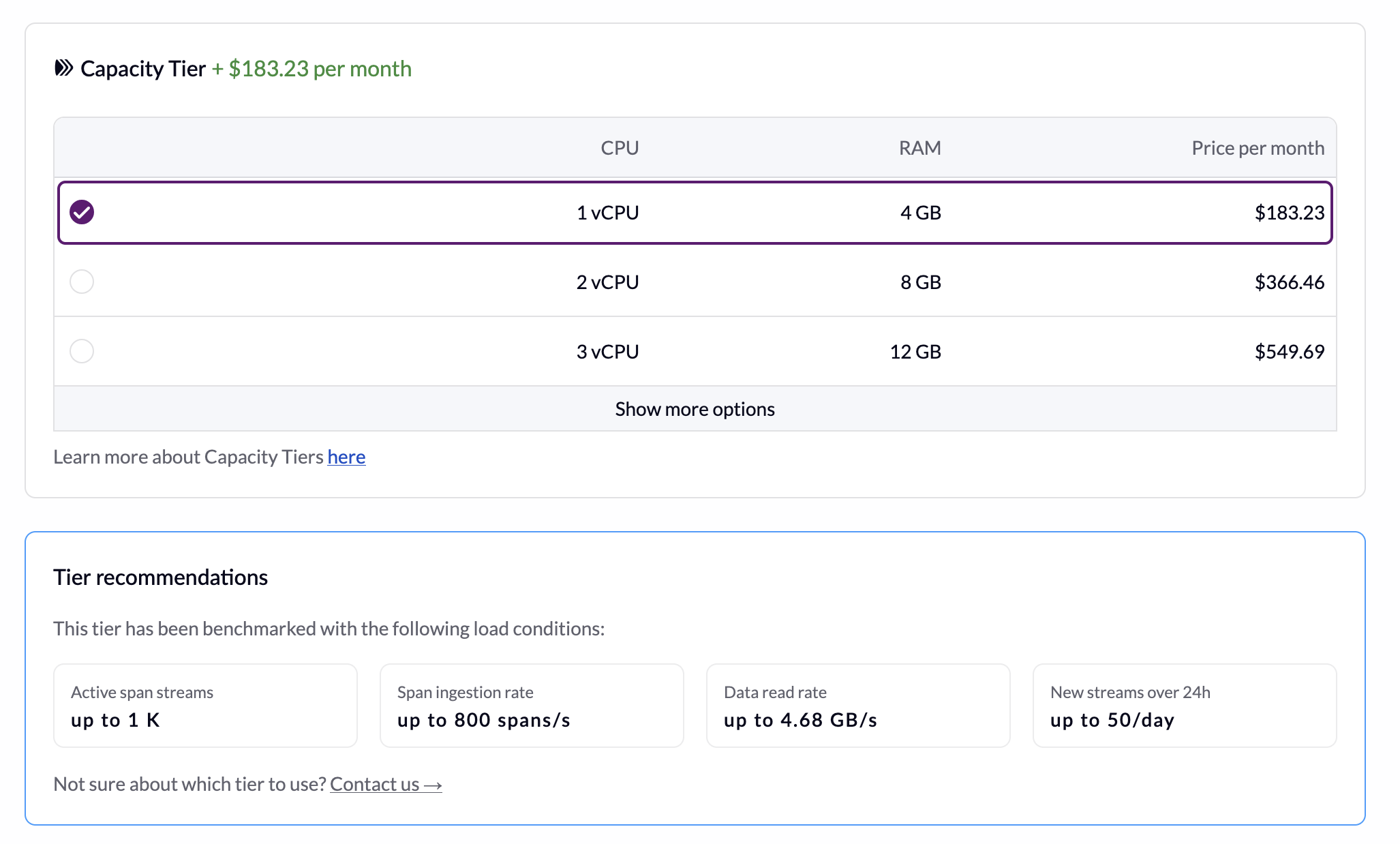 Screenshot of capacity tiers during deployment creation