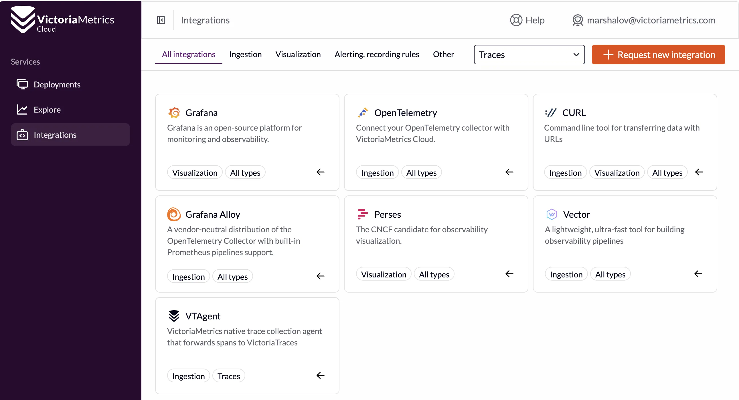 Screenshot of integrations page in VictoriaMetrics Cloud