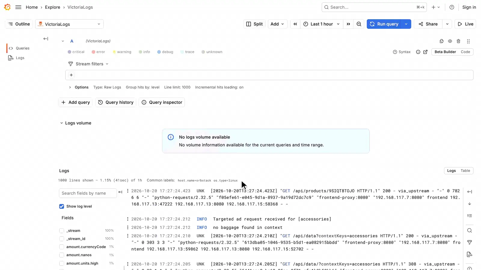 Explore with the VictoriaLogs query editor: switching to Code mode, clicking the Drilldown button, and the drawer opening on the Services tab