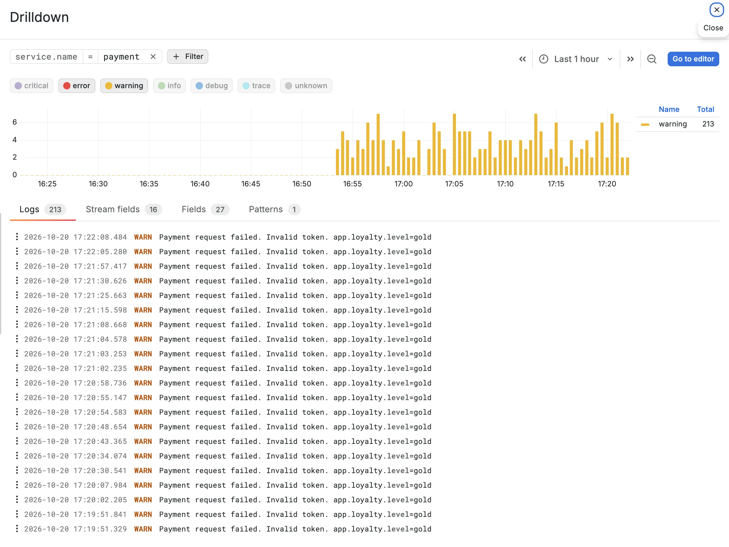 Payment details view with error and warning selected: the volume chart and the Logs tab with the warning lines