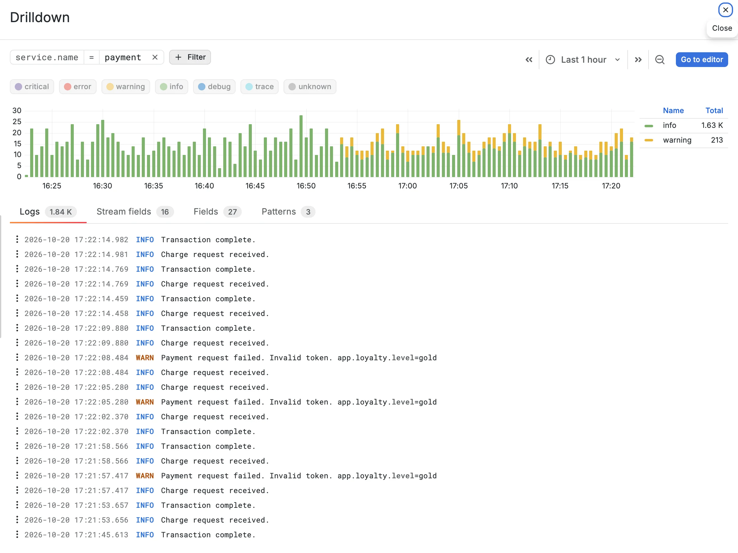 Payment details view with no level filter: info traffic for the whole hour and warnings on top from one minute onward