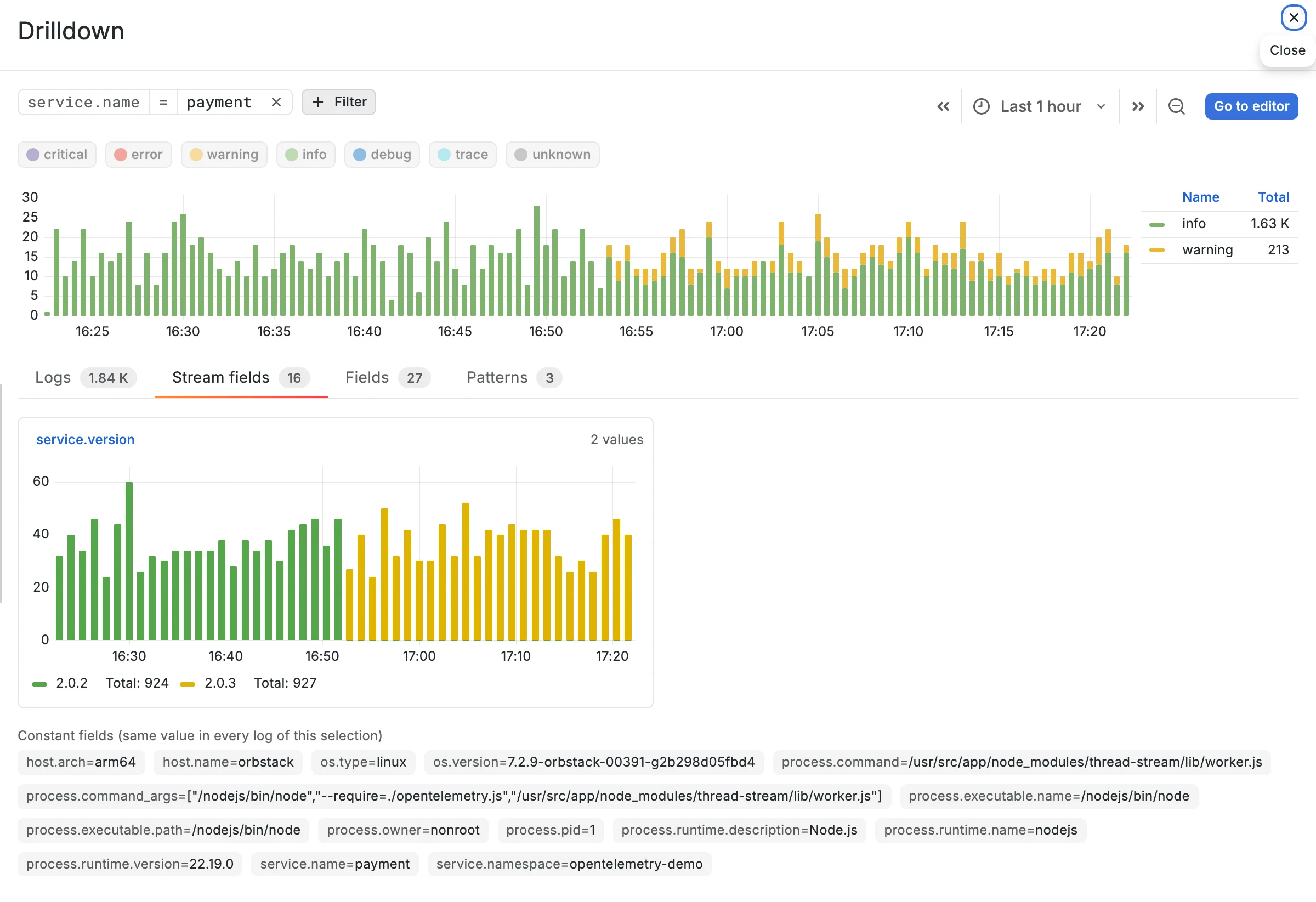 service.version card with two values: 2.0.2 ends at the moment 2.0.3 starts; the volume chart above shows the warnings beginning at the same minute