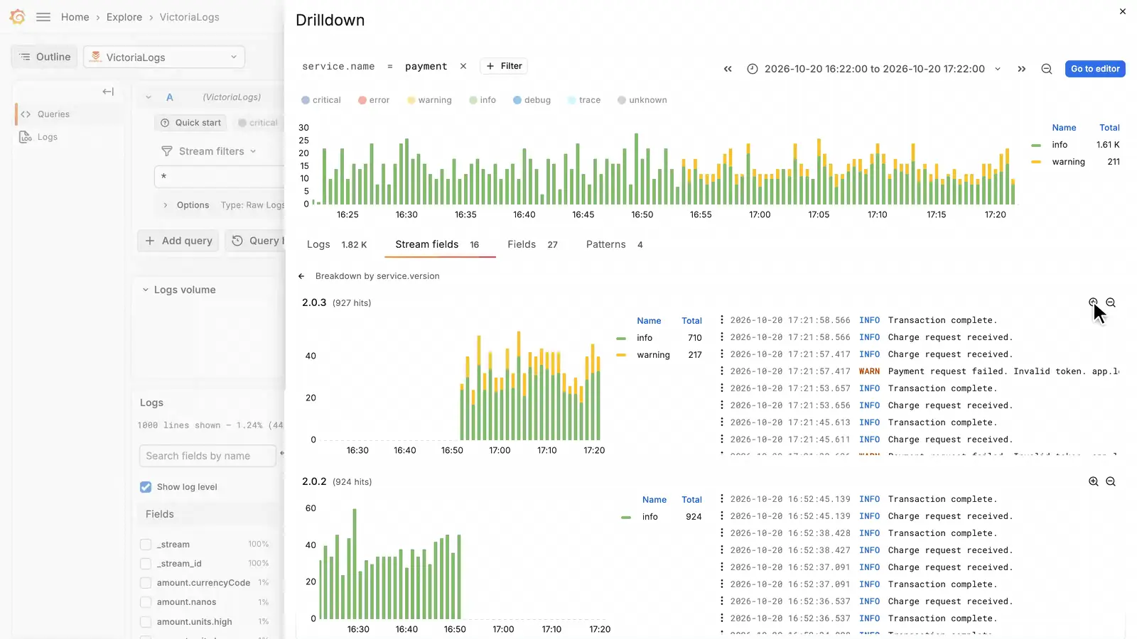 In the breakdown: filtering for 2.0.3, switching warning on and opening the Patterns tab