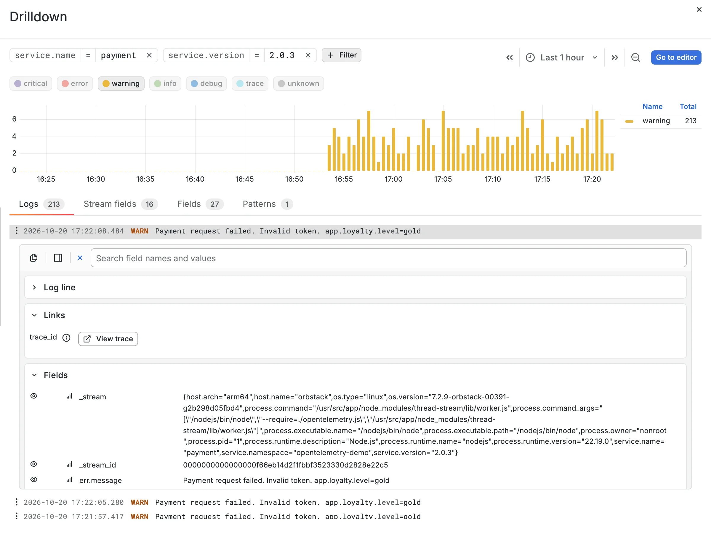 Logs tab with one entry expanded and the field search set to err: err.message, err.stack with charge.js:37:13, err.type