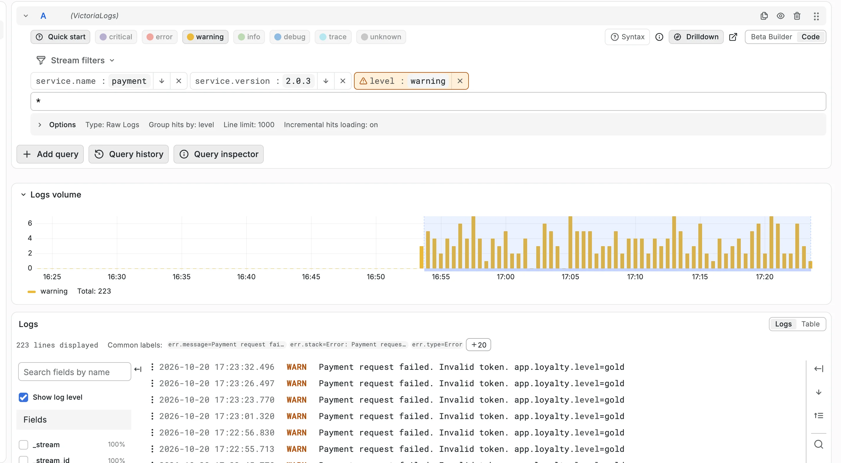 Explore after Go to editor: the three filters appear as chips in the query editor, the logs volume and log lines match the drawer
