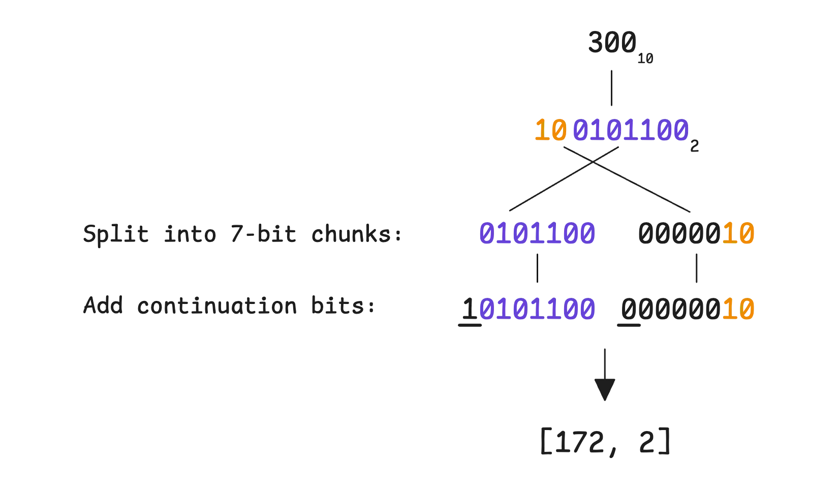 Protobuf varint encoding process for the number 300