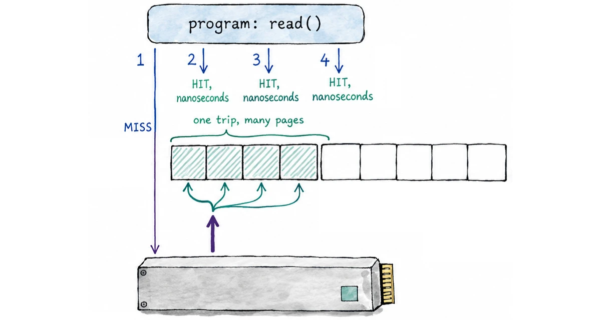The same picture with readahead in play. The program’s first read is marked MISS and runs all the way down to the storage device, but the single thick arrow coming back up fans out into four hatched squares at the start of the page cache row, under a brace reading one readahead batch, many pages. The next three reads, numbered 2, 3 and 4, stop at those already-filled squares and are each marked HIT, nanoseconds; they never reach the device at all.
