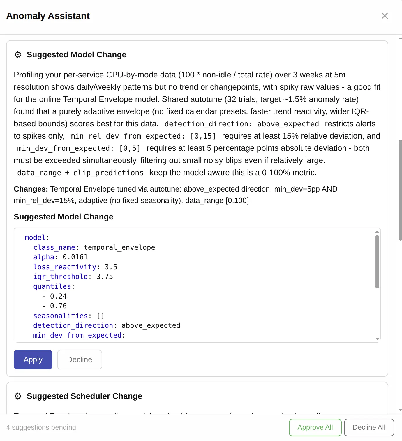 Anomaly Assistant proposing a tuned model configuration