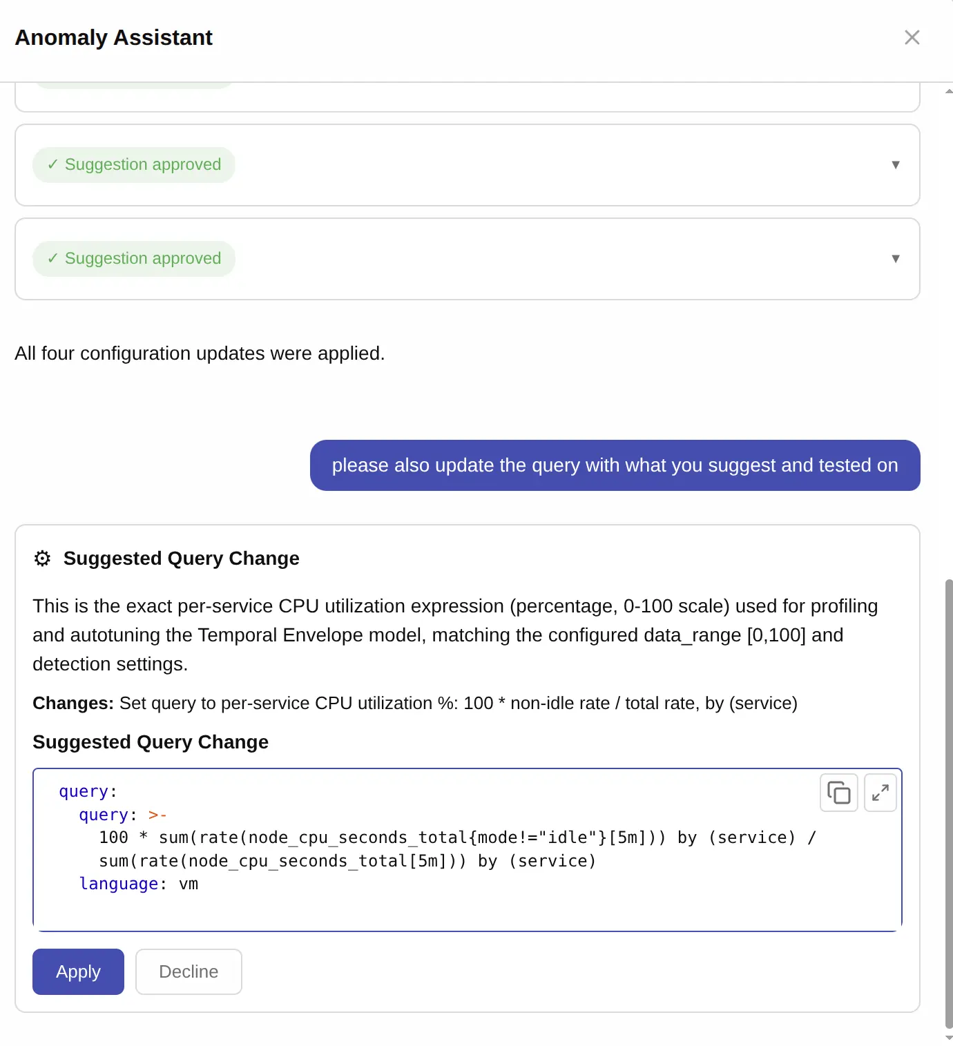 Anomaly Assistant proposing an updated MetricsQL query