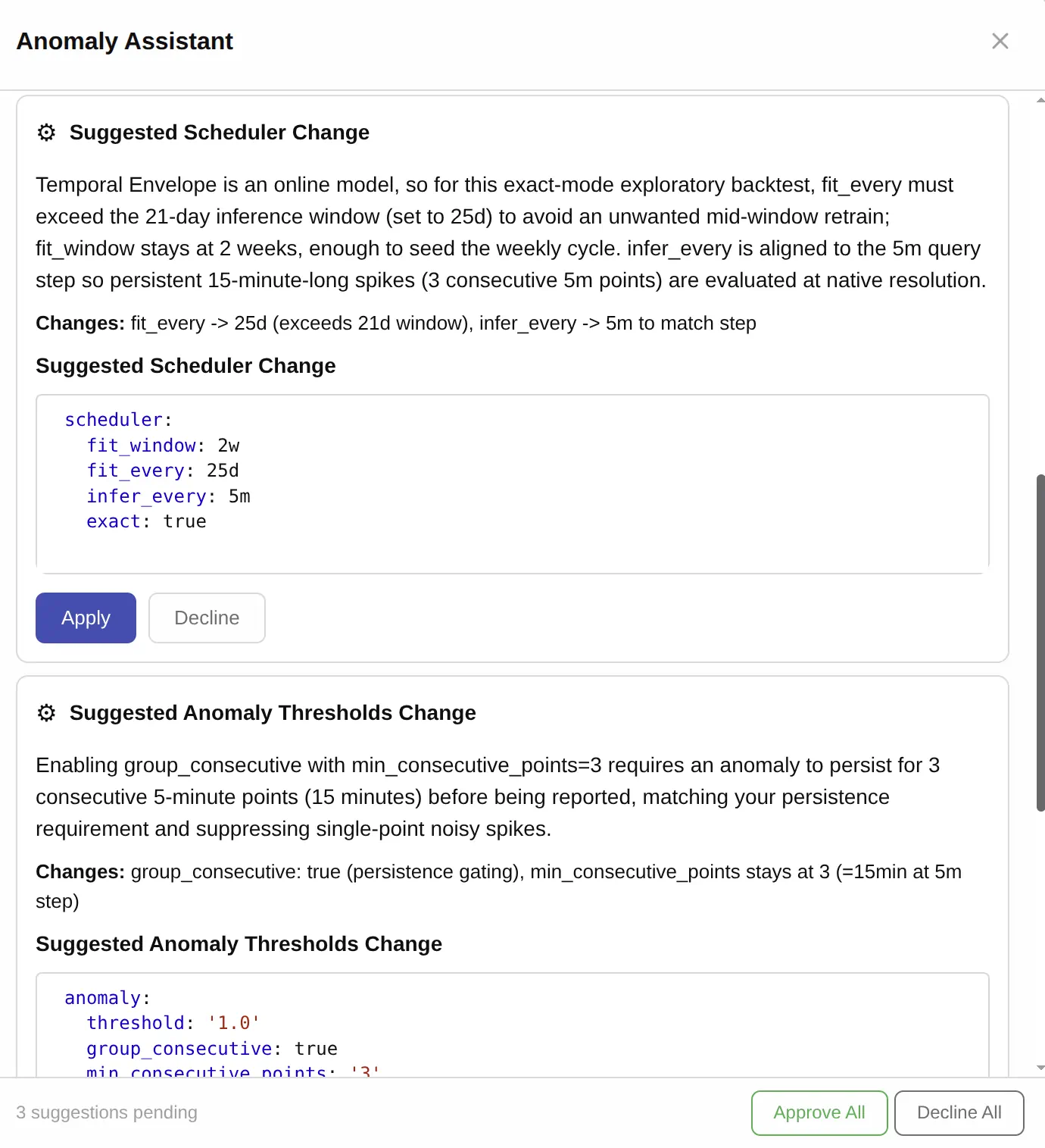 Anomaly Assistant proposing scheduler and anomaly threshold changes