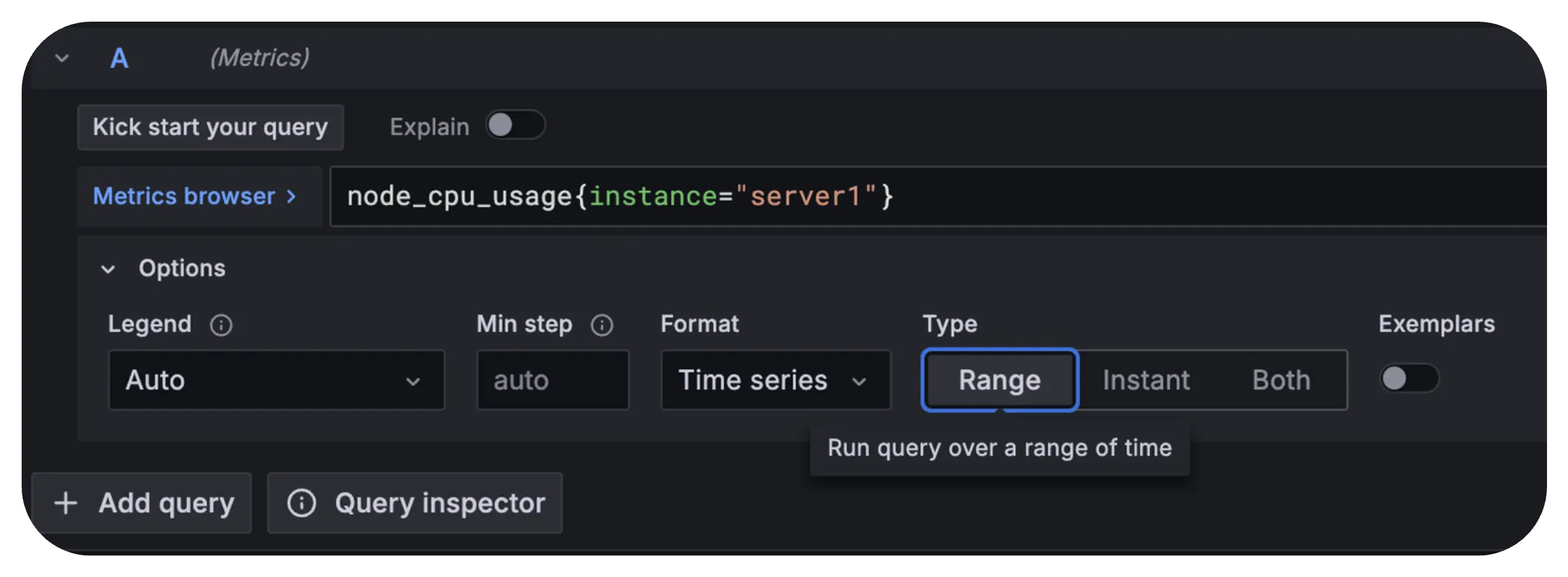 Selecting query type in metrics explorer