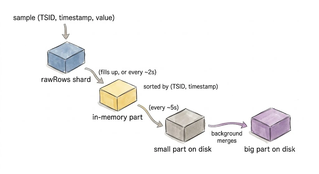The journey of a sample: from the rawRows shard to an in-memory part, then to a small part on disk, and finally into big parts via background merges.