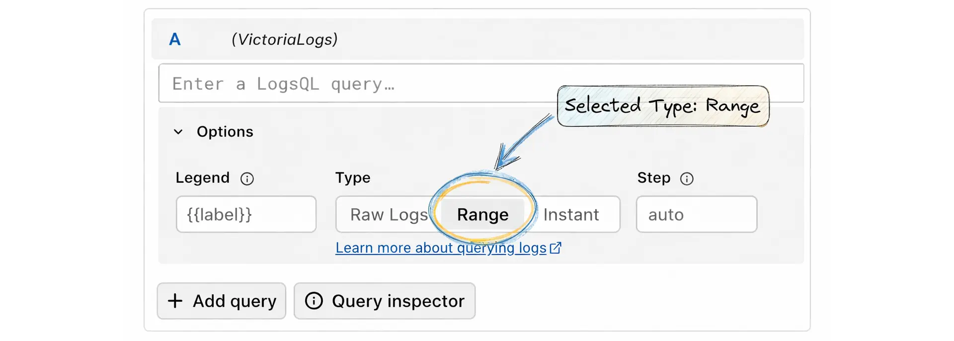 Grafana Explore selecting Range query type for VictoriaLogs LogsQL