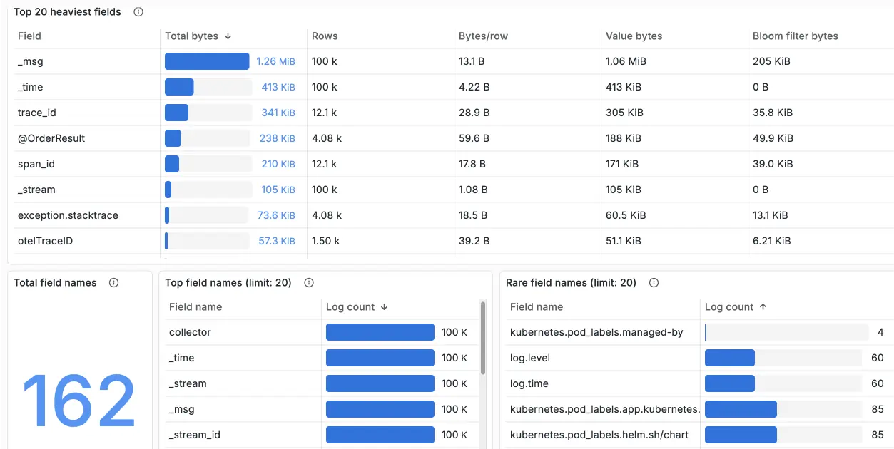 VictoriaLogs internal state dashboard showing field cardinality and disk usage