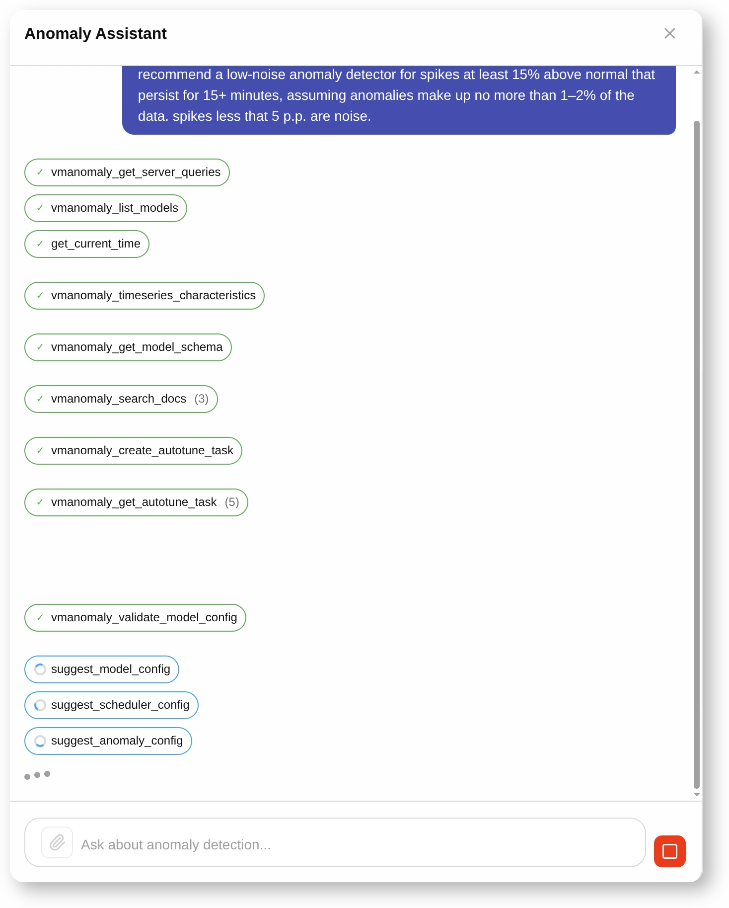 AI Copilot chat: a user asks for a low-noise detector for spikes at least 15% above normal that persist for 15 minutes