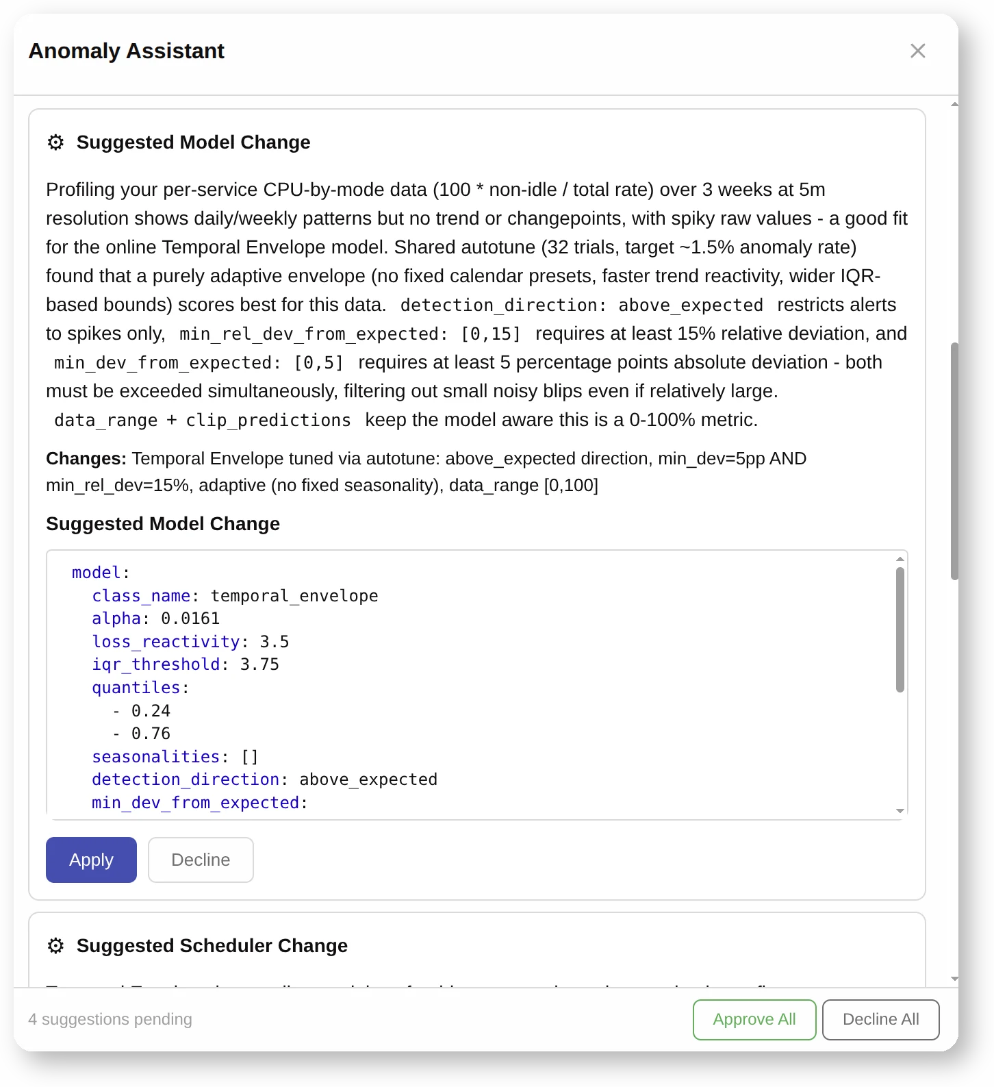 AI Copilot proposes a model change, explains the reasoning, and shows reviewable YAML with Apply and Decline actions