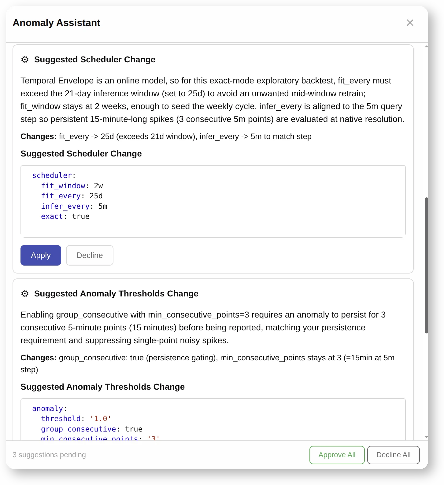 AI Copilot proposes additional query, model, and anomaly-setting changes that can be reviewed separately or applied together