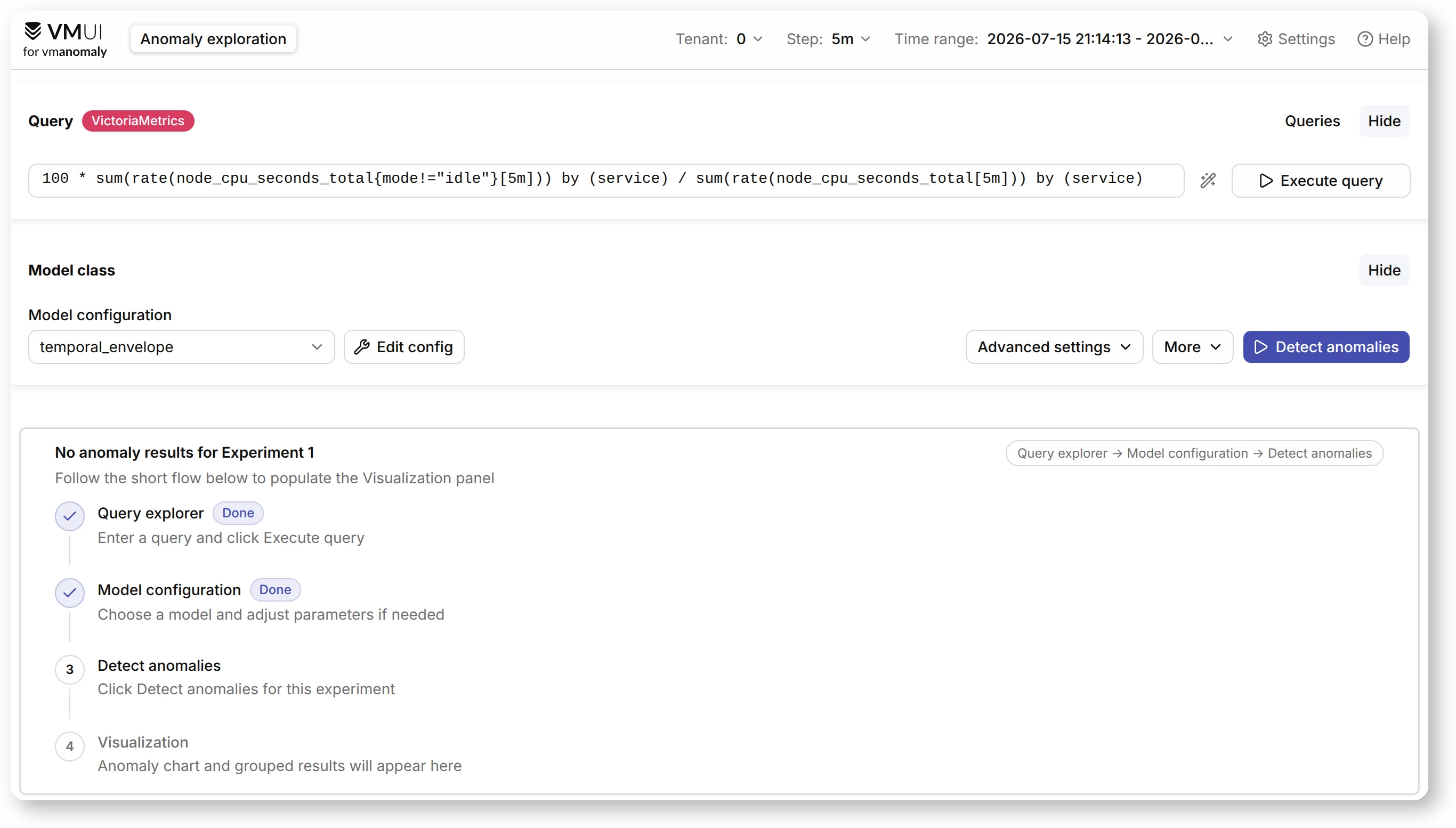 The vmanomaly UI after applying the Copilot suggestions, with the generated query and model settings ready to test