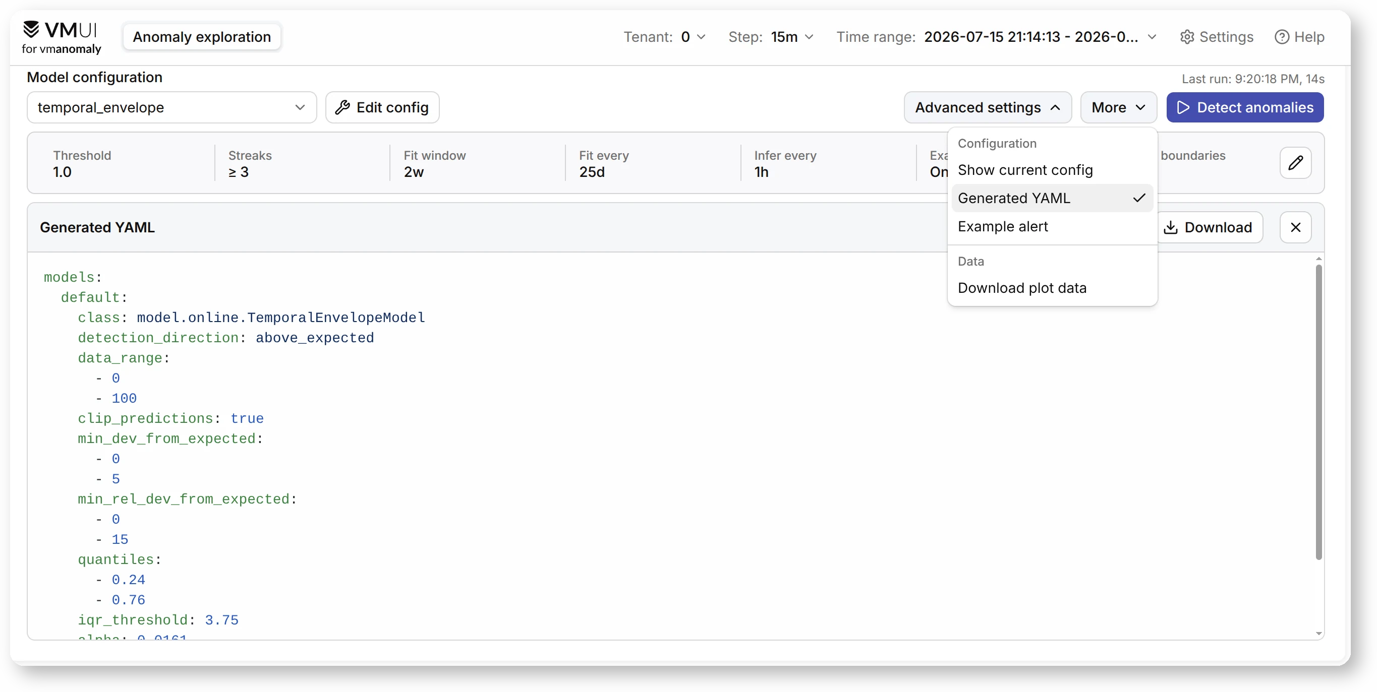 AI Copilot exports the validated vmanomaly model configuration as YAML