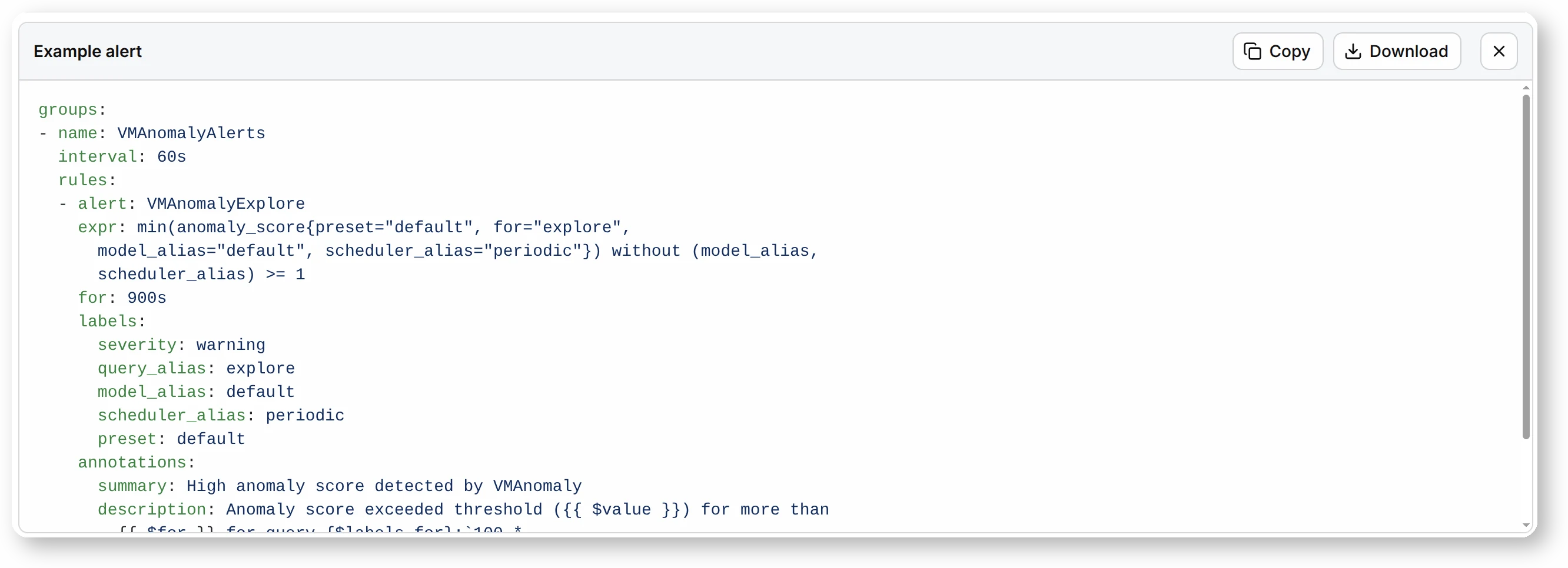 AI Copilot exports a vmalert rule that turns the validated anomaly score into production alerts