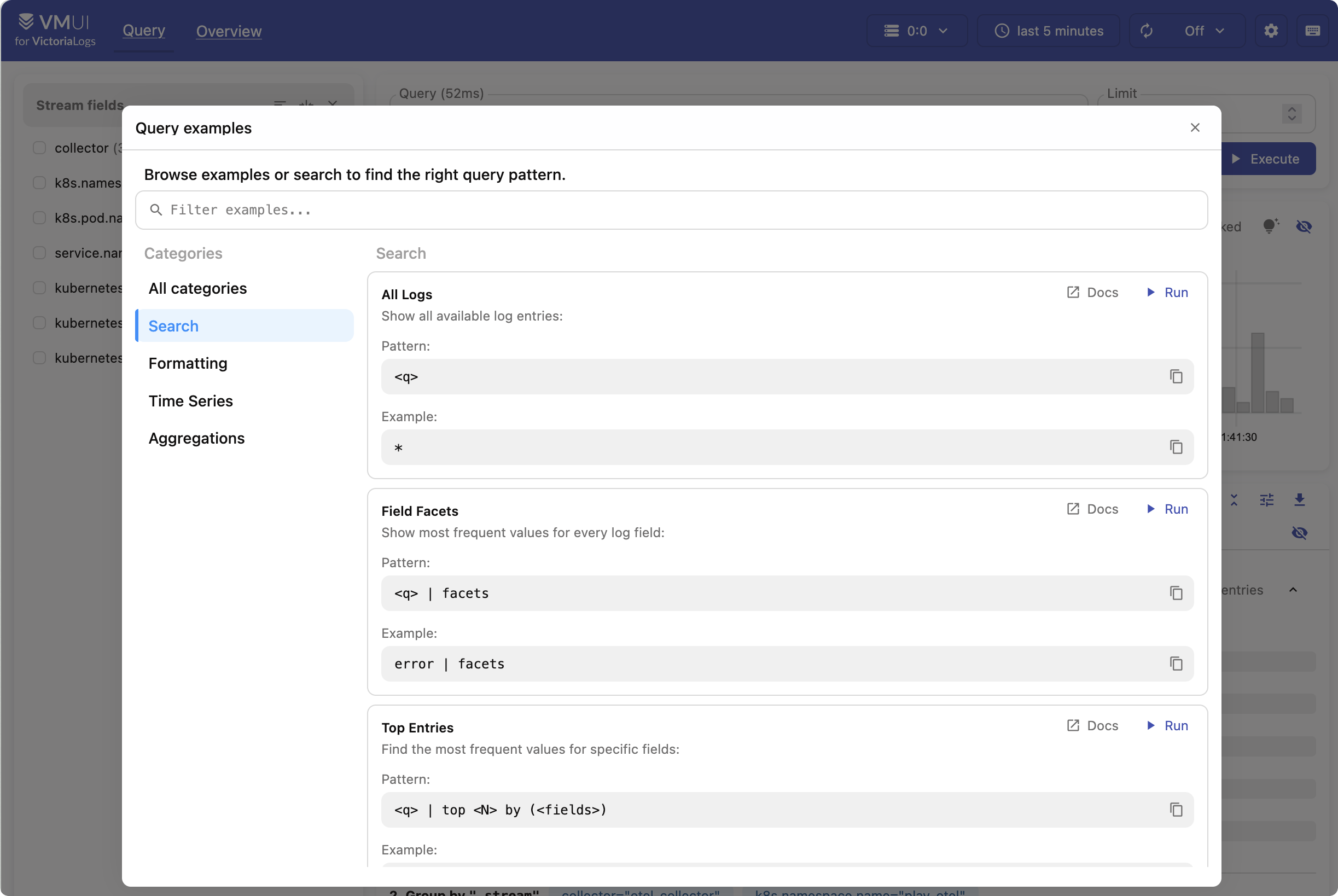 Query example modal in Web UI