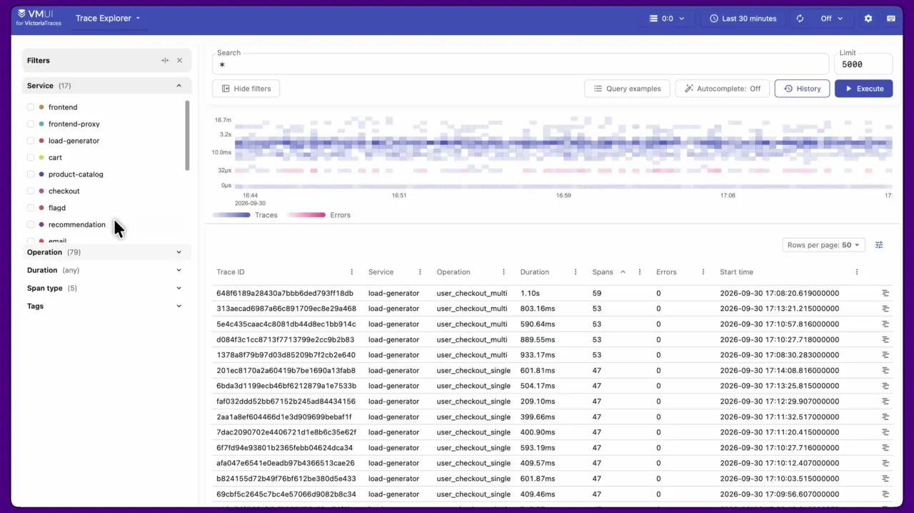 Screenshot of VictoriaTraces UI