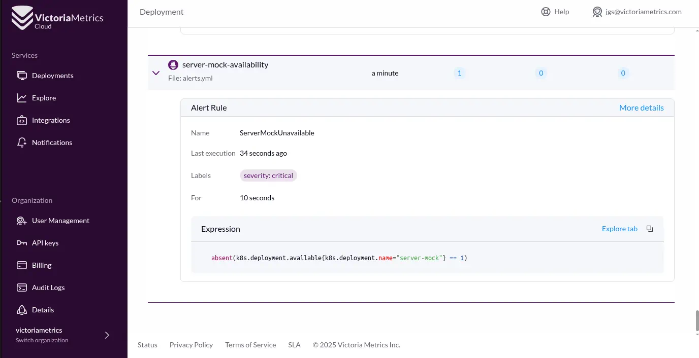 Alert rule configuration YAML preview in VictoriaMetrics Cloud