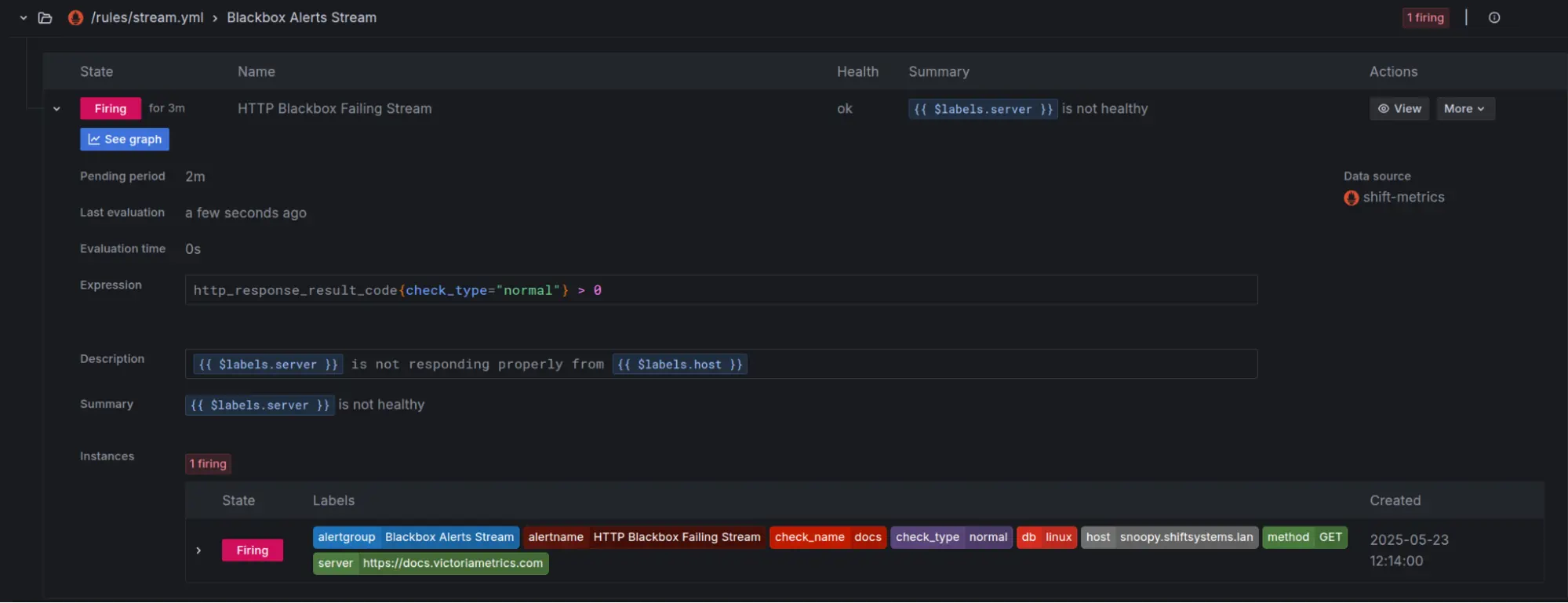 vmalert rule status dashboard with filtering options