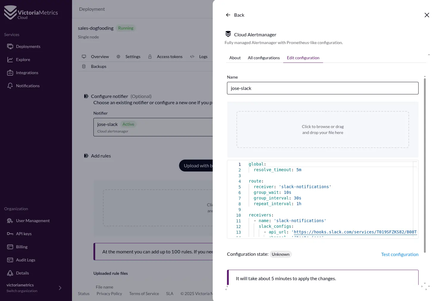 Notifier setup screen for Slack integration in VM Cloud